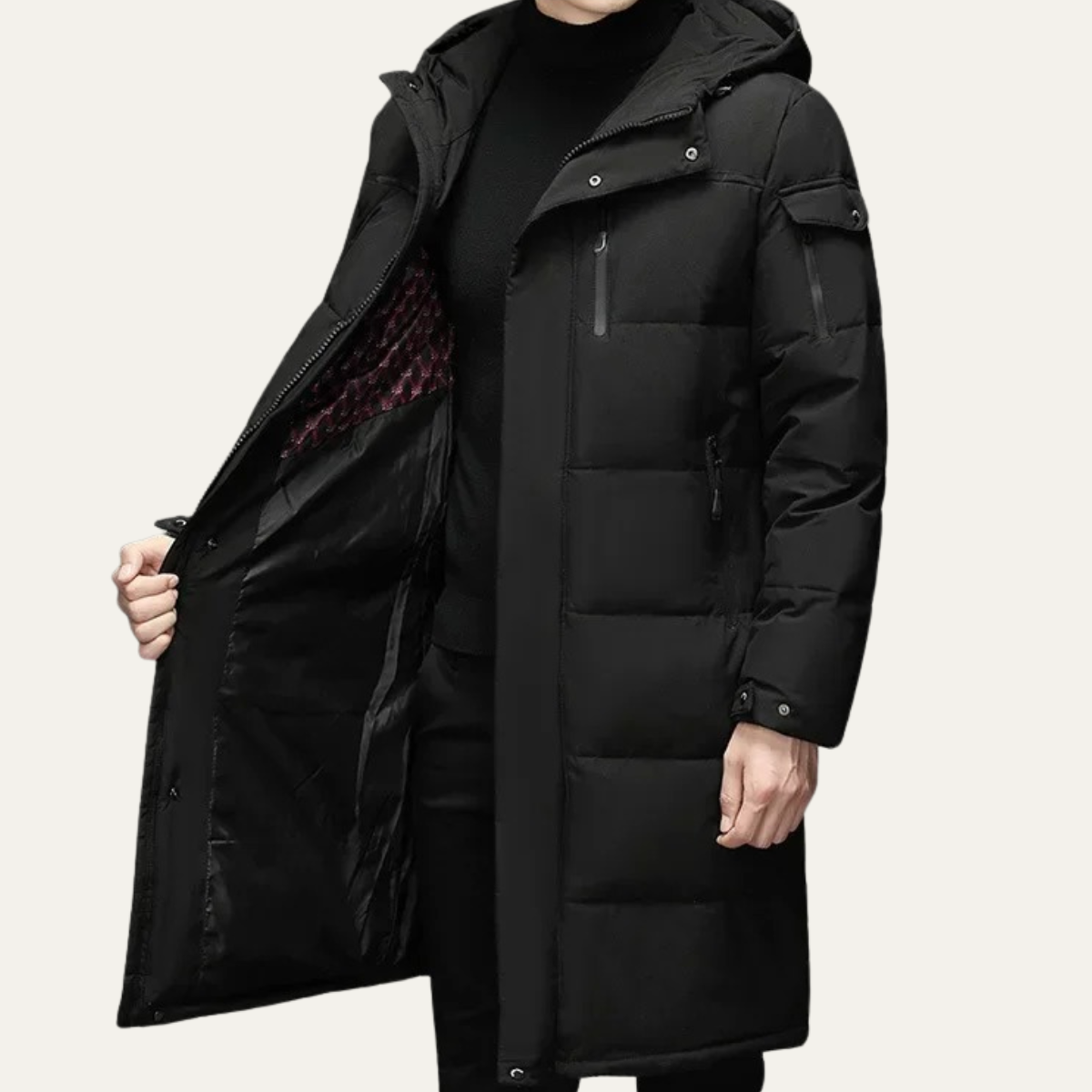 Knox | Men's Longline Puffer Coat Black Hood