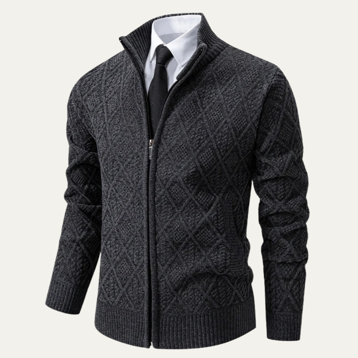 Sage | Men's Argyle Zip Up Cardigan Cream Diamond Knit