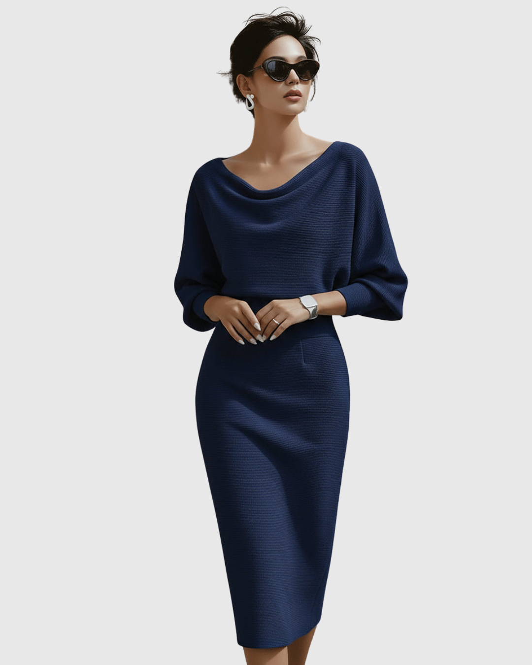 Elise | Women's Cowl Neck Midi Dress Black Long Sleeve