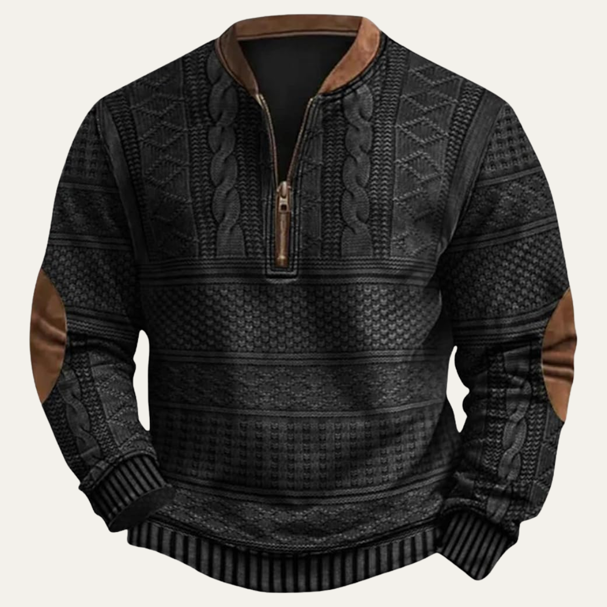 Beau | Men's Cable Knit Sweater Black Brown Elbow Patches Quarter Zip