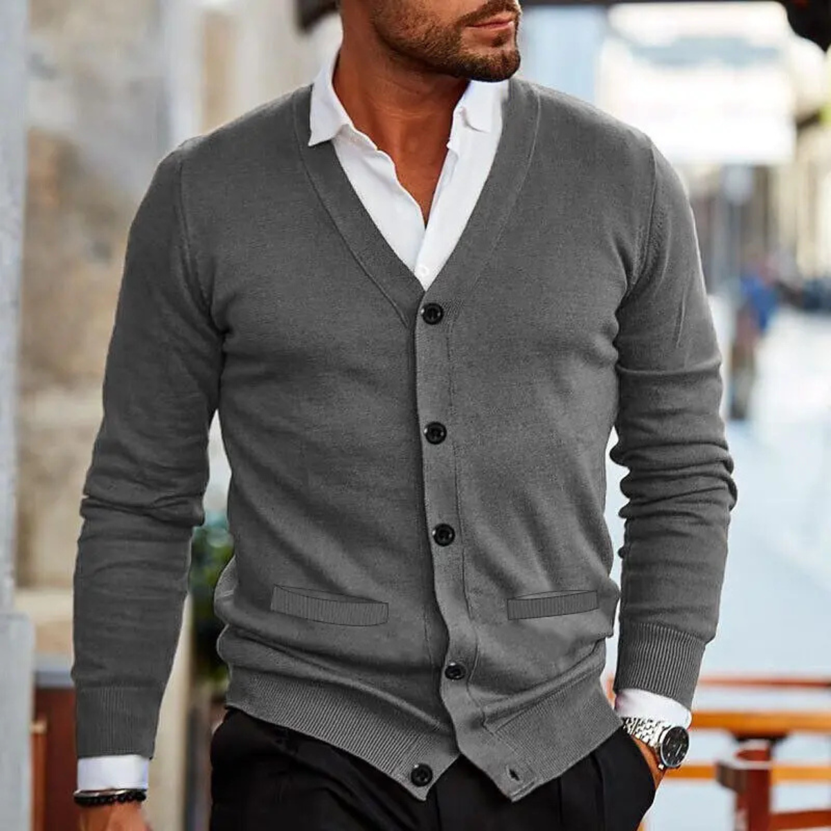 Axel | Men's V Neck Cardigan Gray Button Up Long Sleeve
