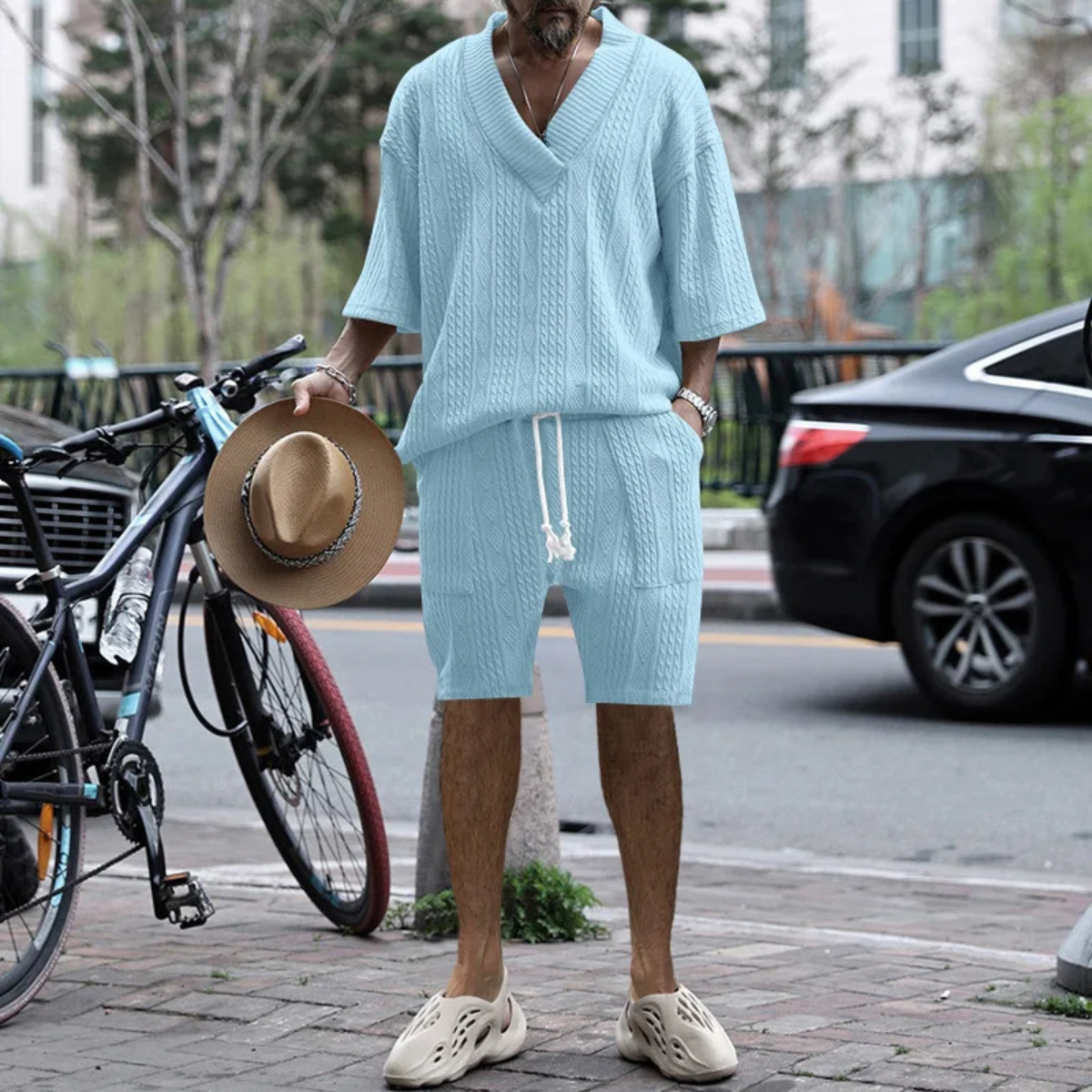 Bram | Men's Lounge Set Light Blue Cable Knit V Neck Shorts