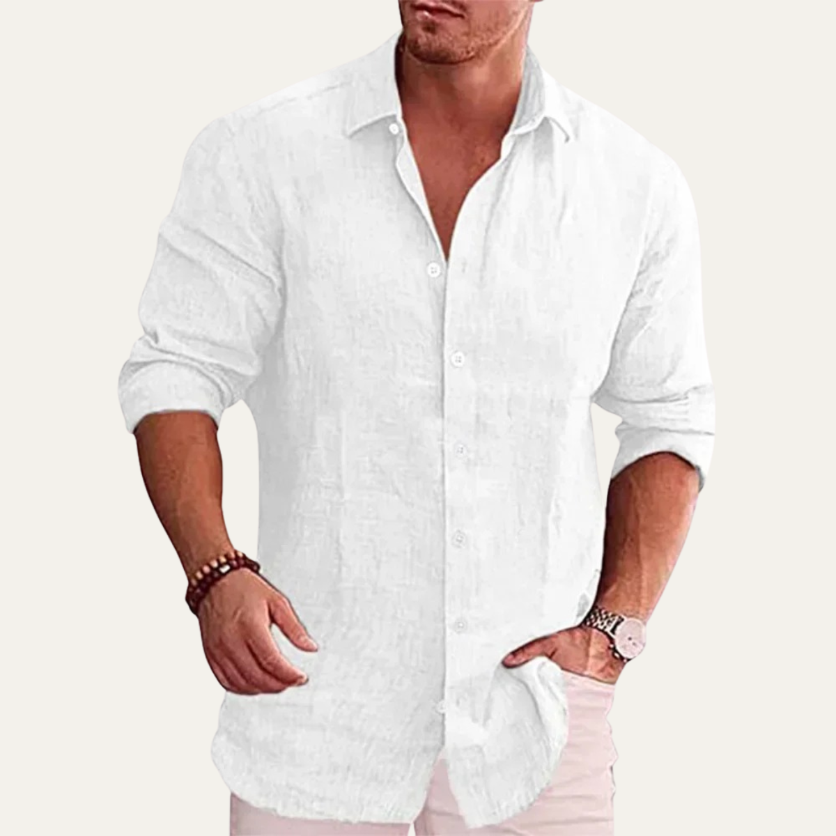 Ezra | Men's Linen Shirt Cream Button Up Long Sleeve