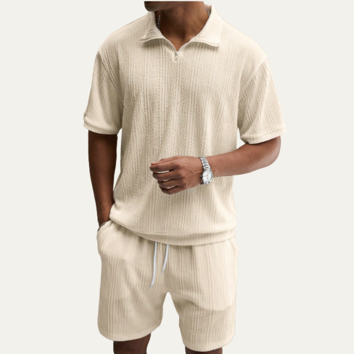 Beau | Men's Sweatsuit Cream Ribbed Knit Polo Shorts Set
