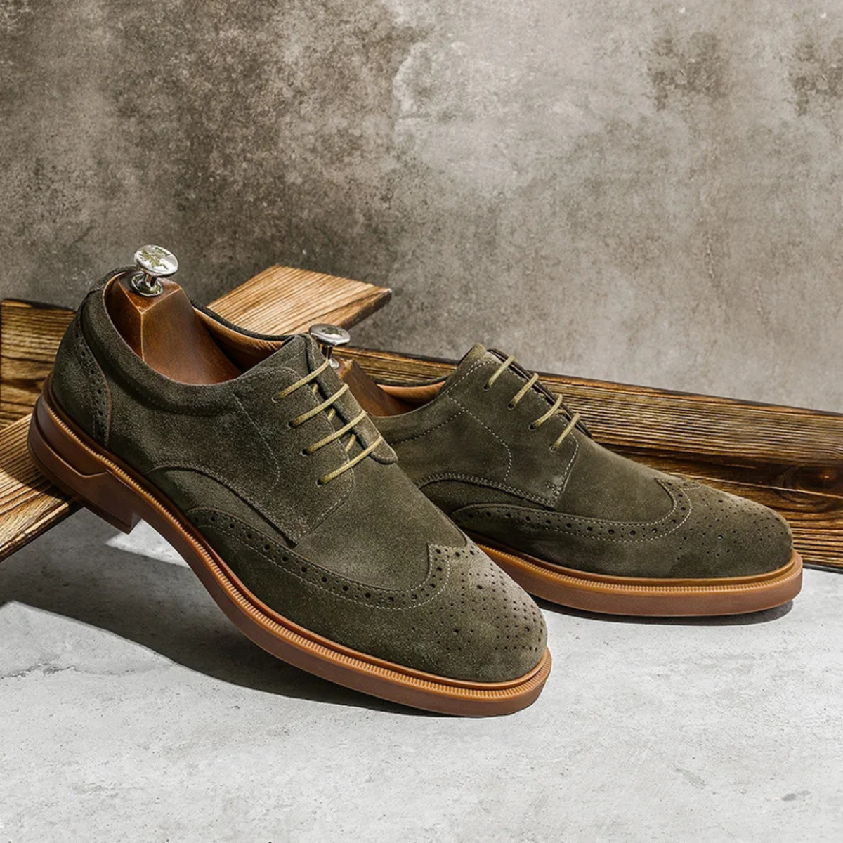 Nash | Men's Suede Leather Wingtip Oxford Olive Brown Sole