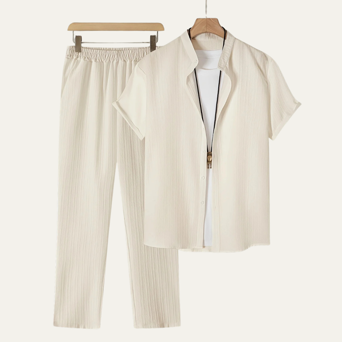 Axel | Men's Lounge Set Cream Ribbed Short Sleeve Shirt Pants