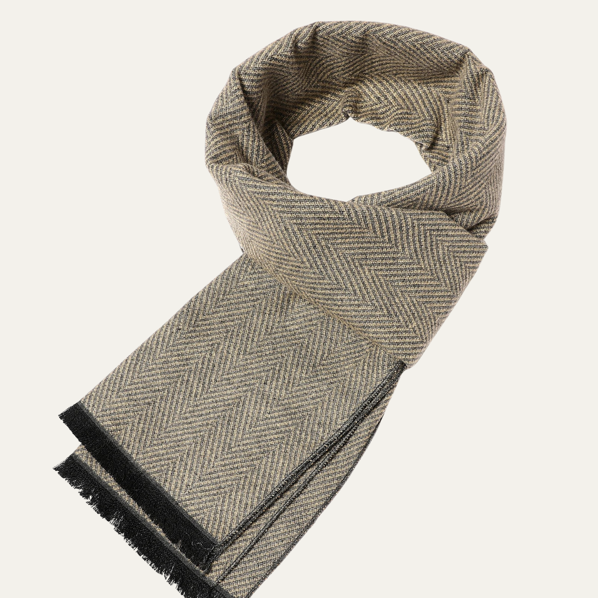 Axel | Men's Herringbone Wool Scarf Cream Black Trim