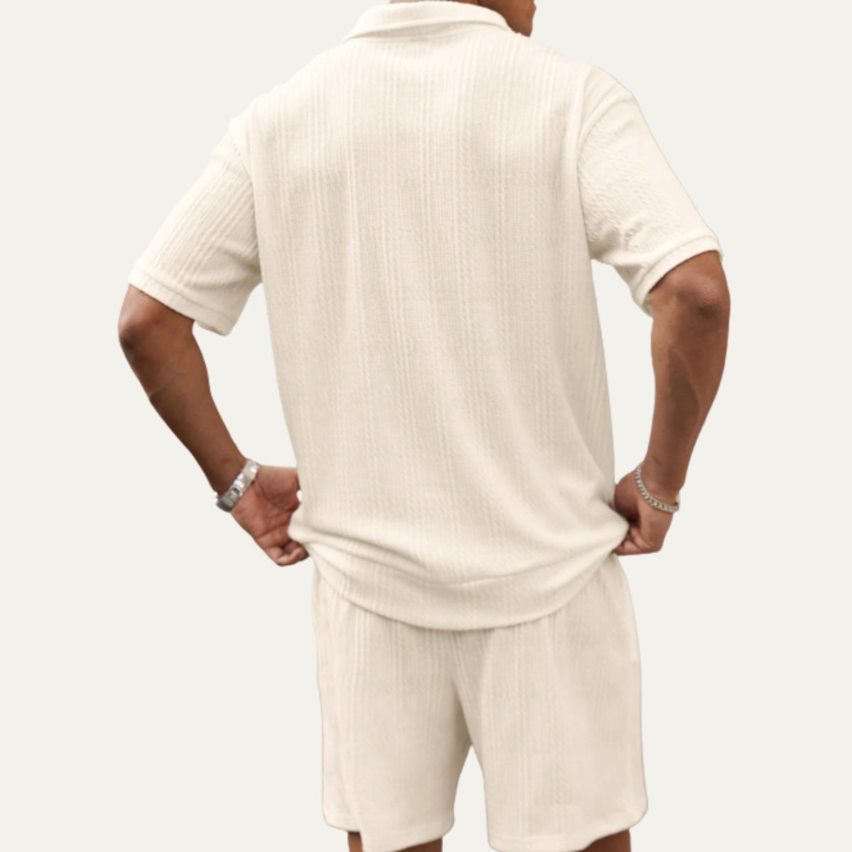 Beau | Men's Sweatsuit Cream Ribbed Knit Polo Shorts Set