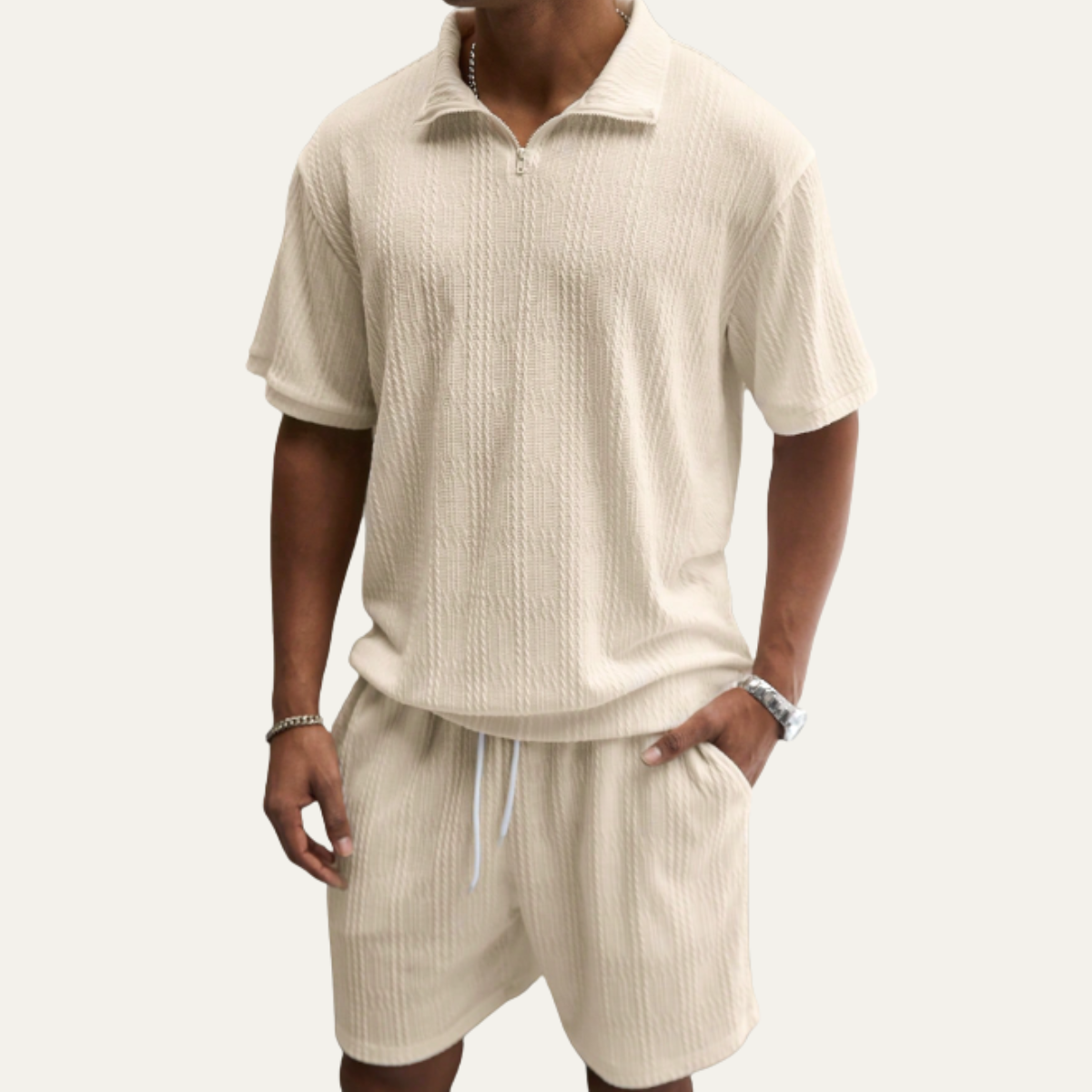 Beau | Men's Sweatsuit Cream Ribbed Knit Polo Shorts Set