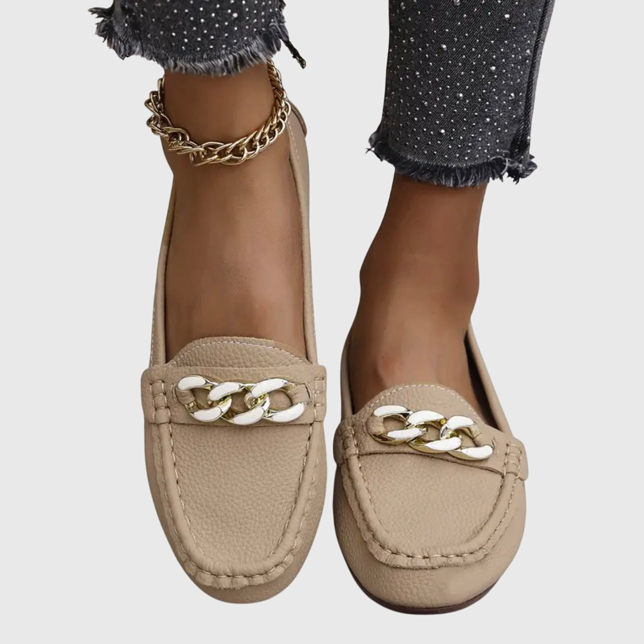 Mia | Women's Chain Link Loafer Cream Gold Accents