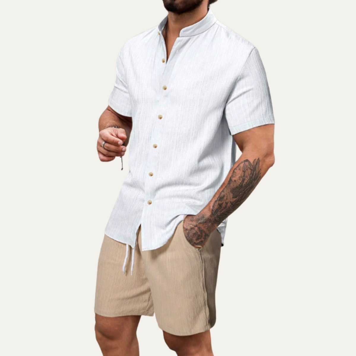 Sage | Men's Linen Shirt And Shorts Set Navy Beige