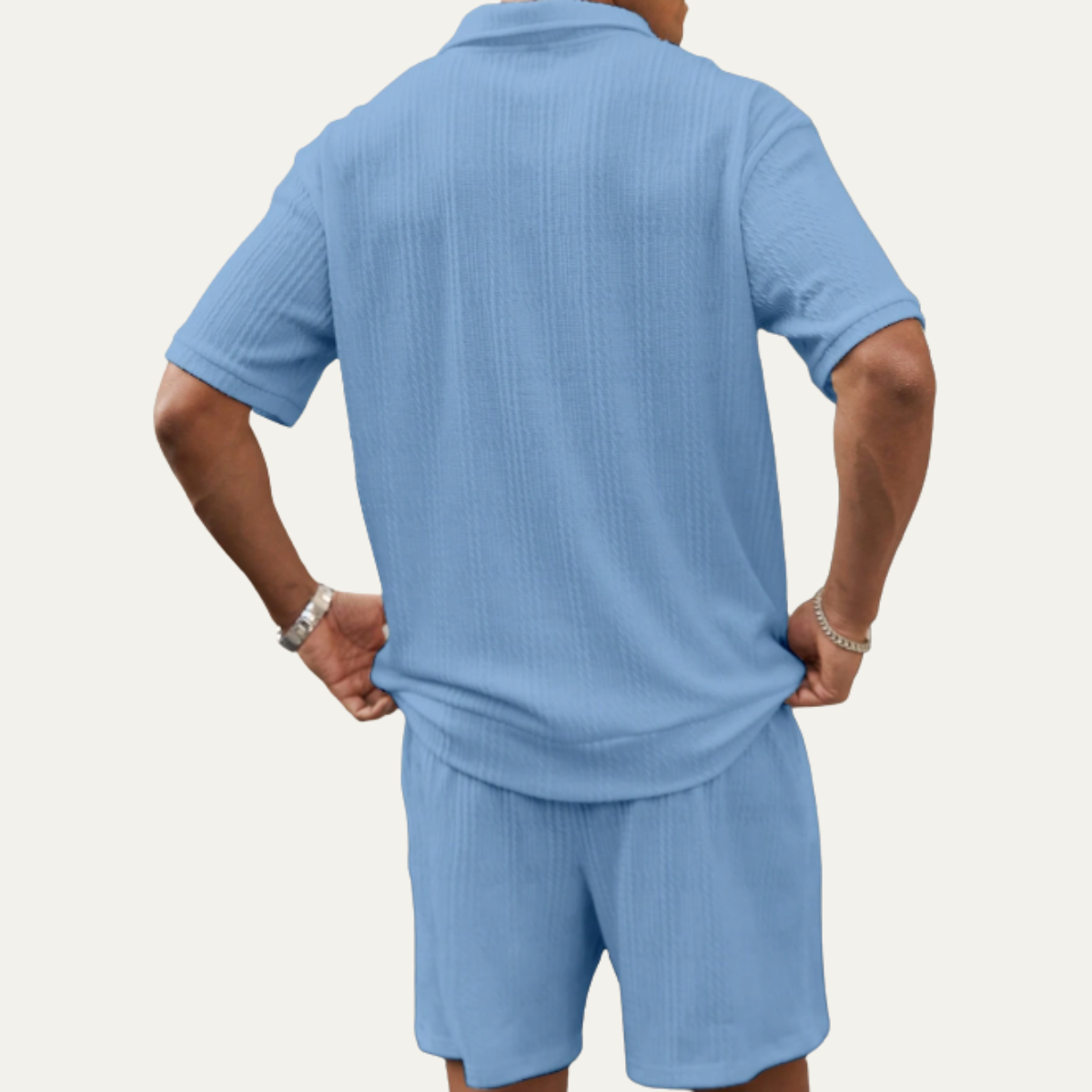 Beau | Men's Sweatsuit Cream Ribbed Knit Polo Shorts Set