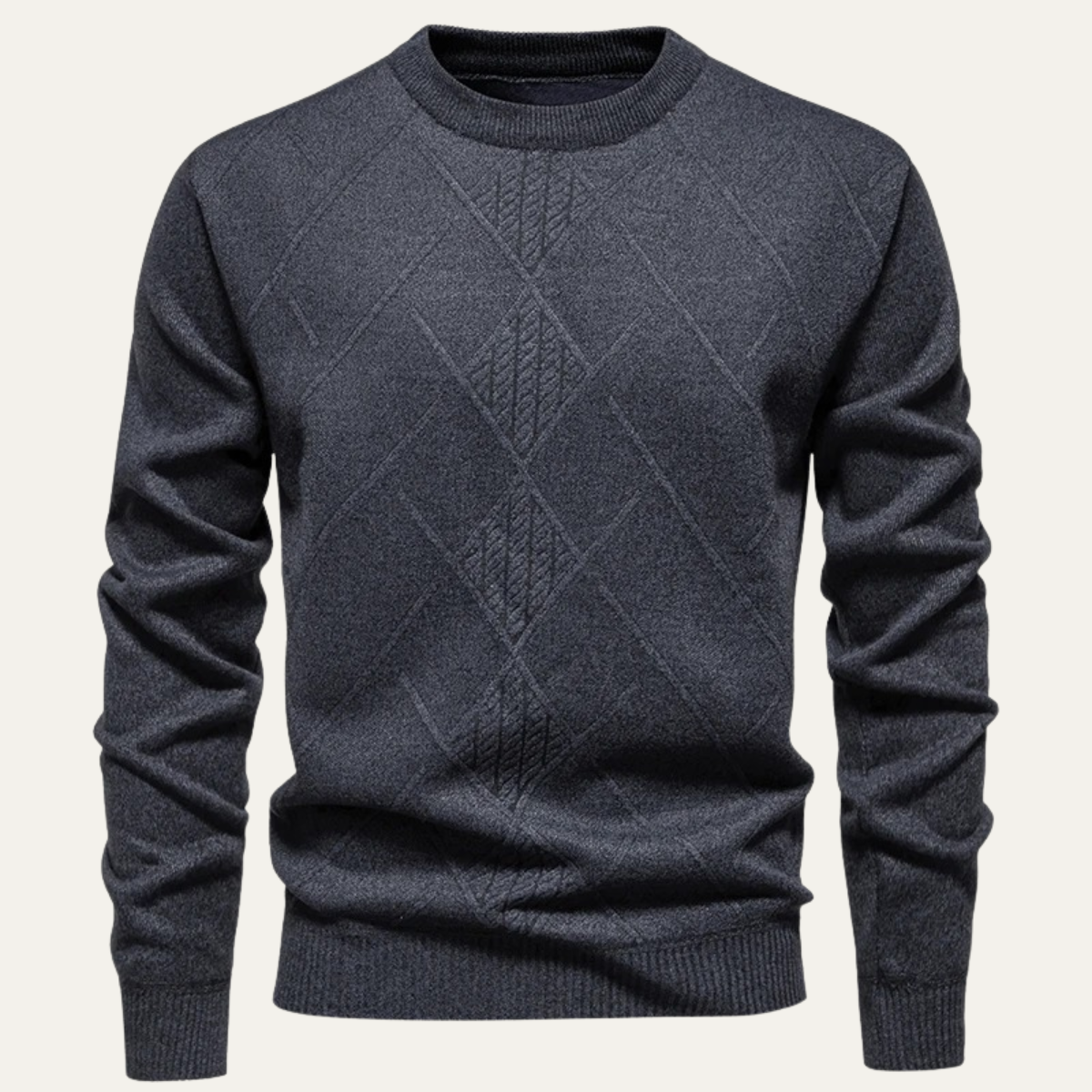 Ives | Men's Cable Knit Sweater Gray Crew Neck Diamond Pattern