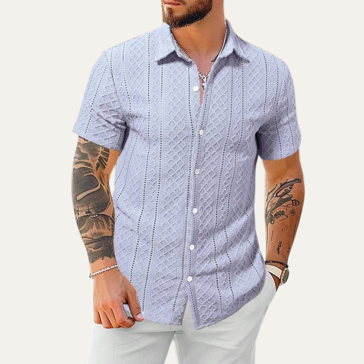 Kai | Men's Textured Button Up Shirt Pink Short Sleeve