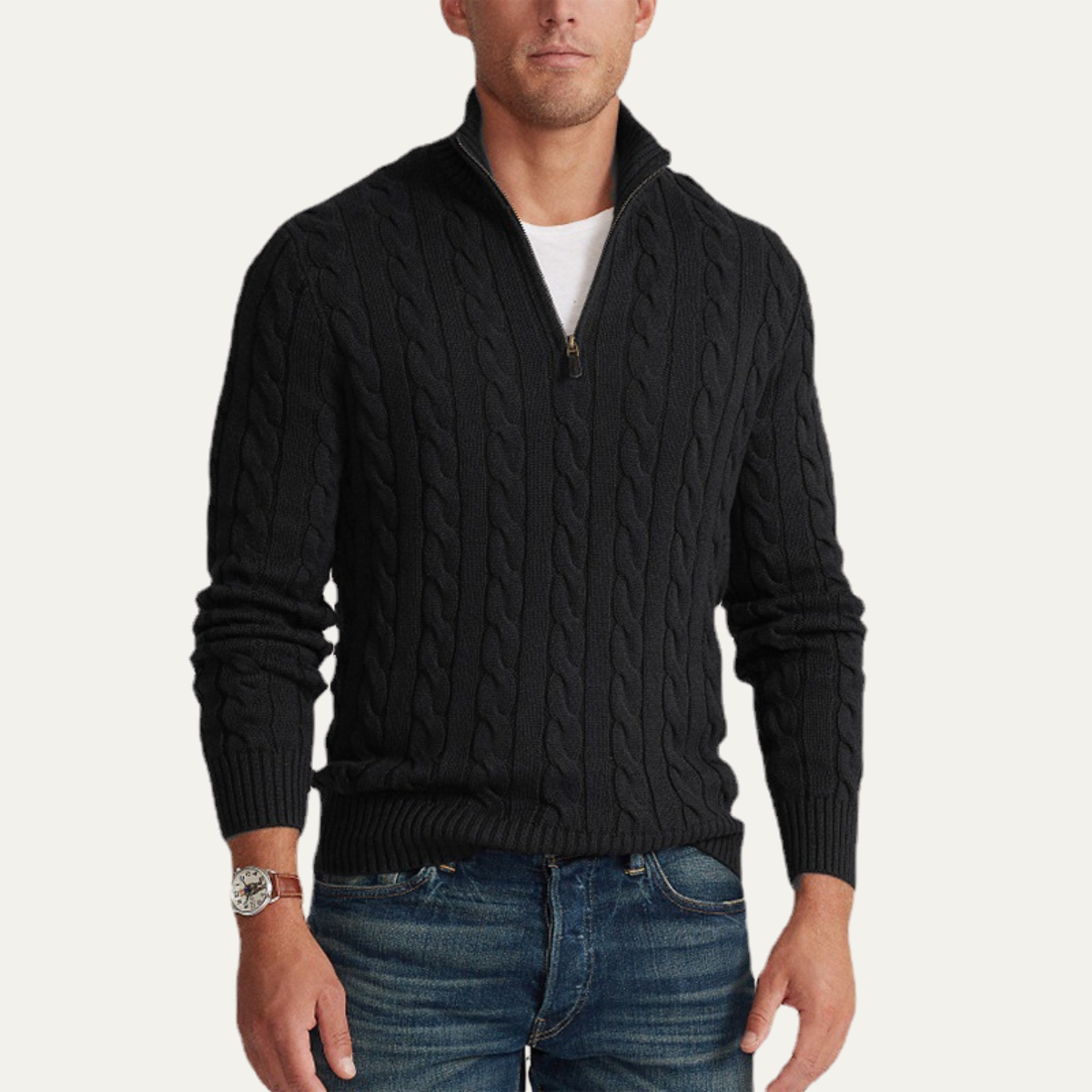 Beau | Men's Cable Knit Quarter Zip Sweater Black