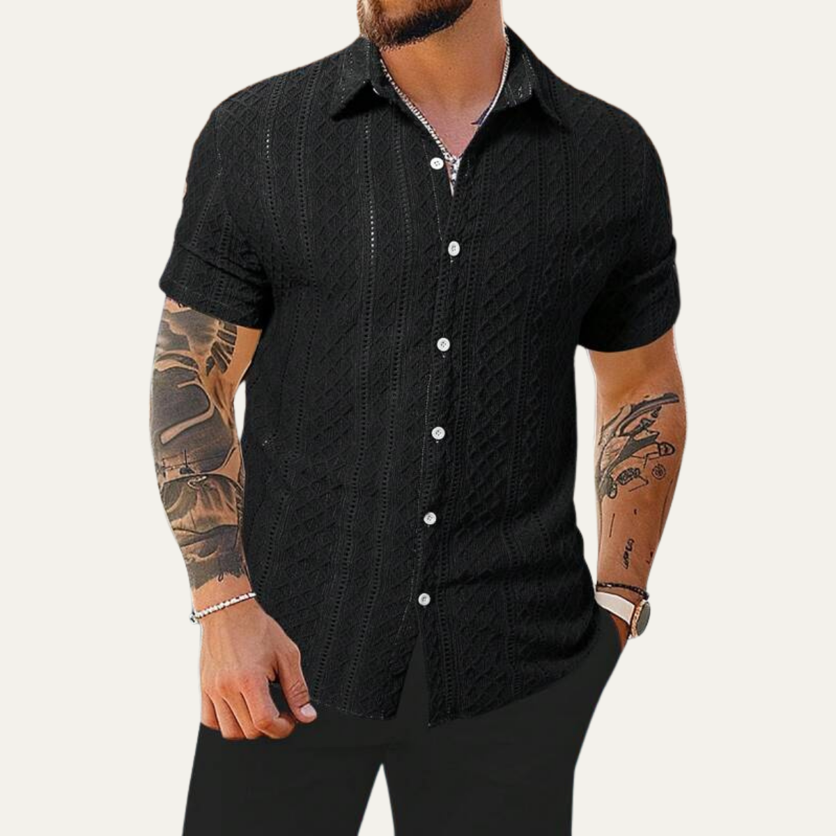 Axel | Men's White Button Up Shirt Textured Cable Knit Short Sleeve
