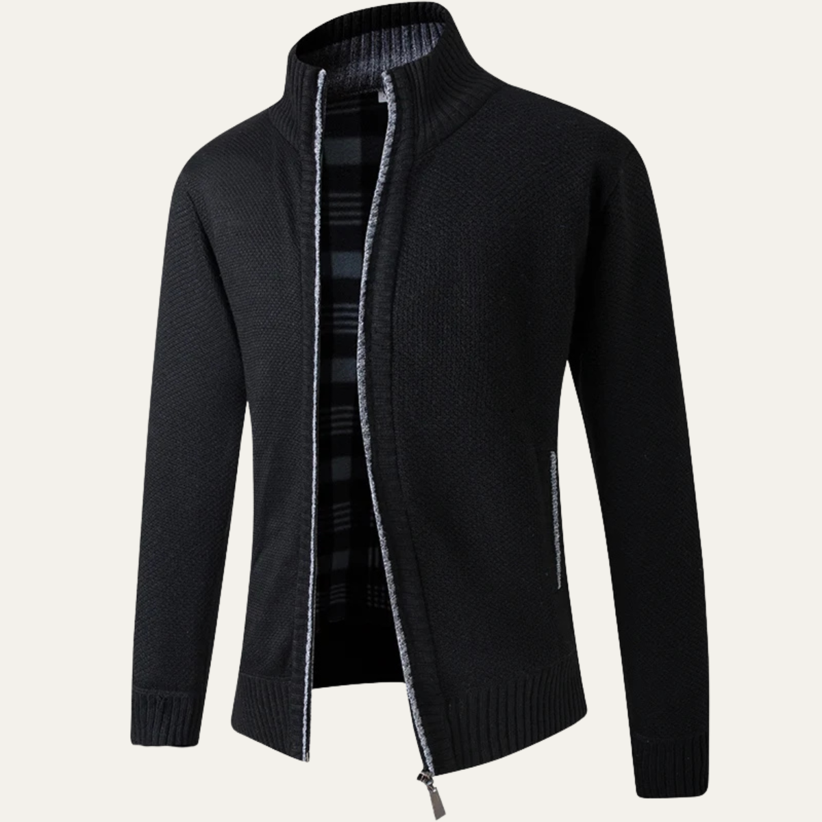 Beau | Men's Zip Up Cardigan Cream Knit Stand Collar