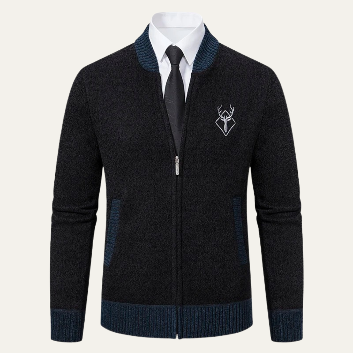 Bram | Men's Wool Blend Cardigan Navy Black Collar