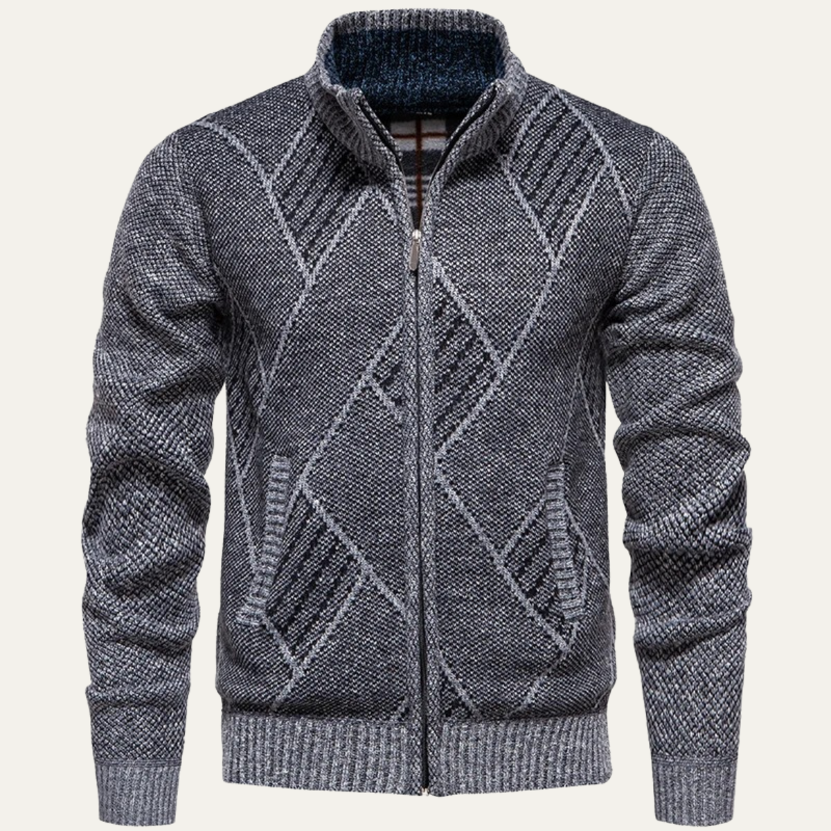 Wyatt | Men's Cable Knit Cardigan Charcoal Gray Diamond Pattern