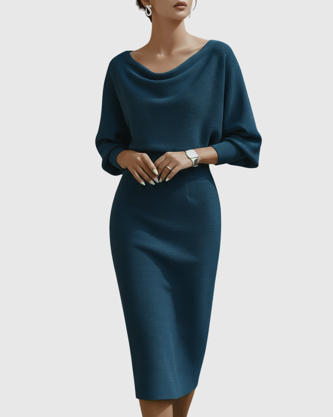 Elise | Women's Cowl Neck Midi Dress Black Long Sleeve