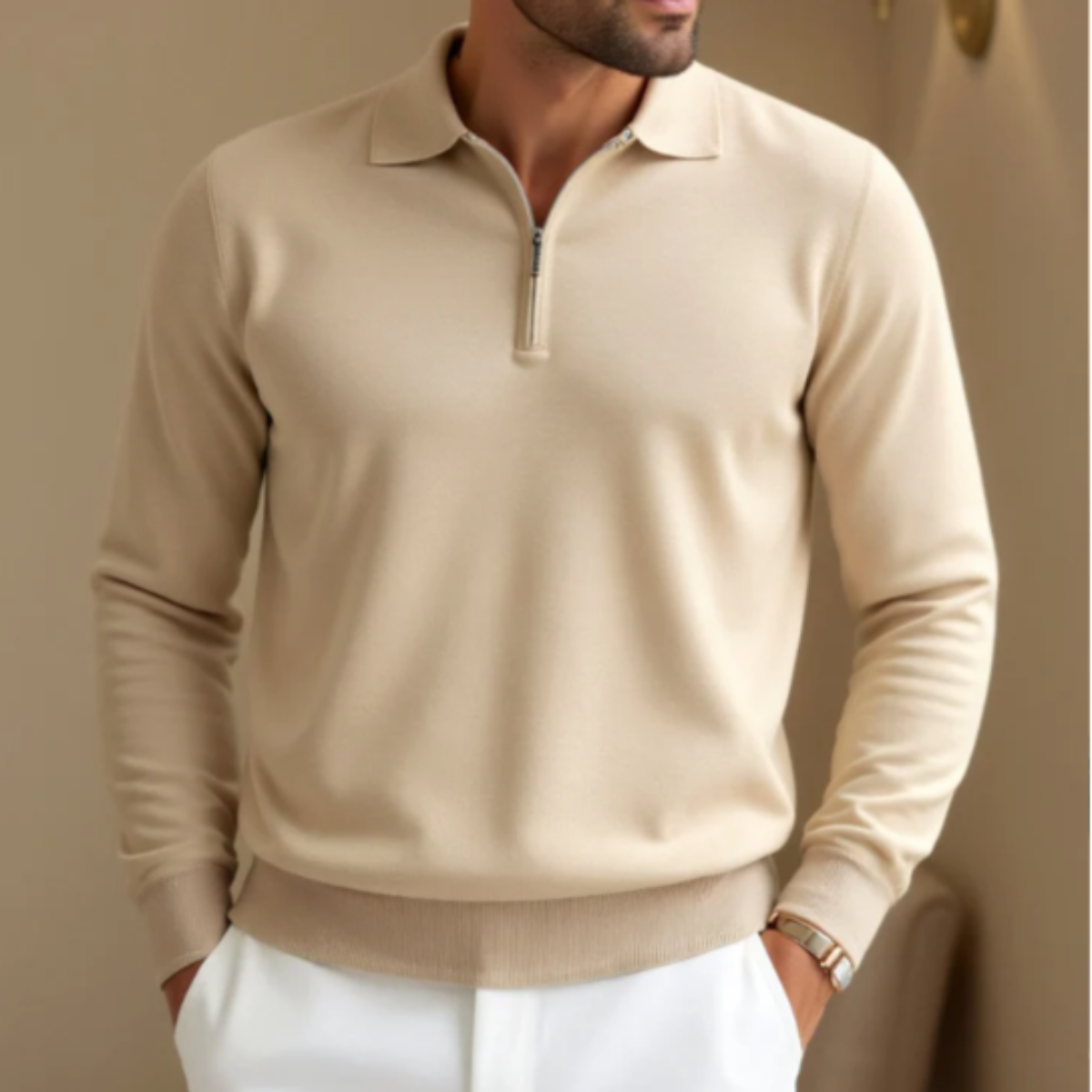 Rhys | Men's Quarter Zip Sweater Cream Polo Collar