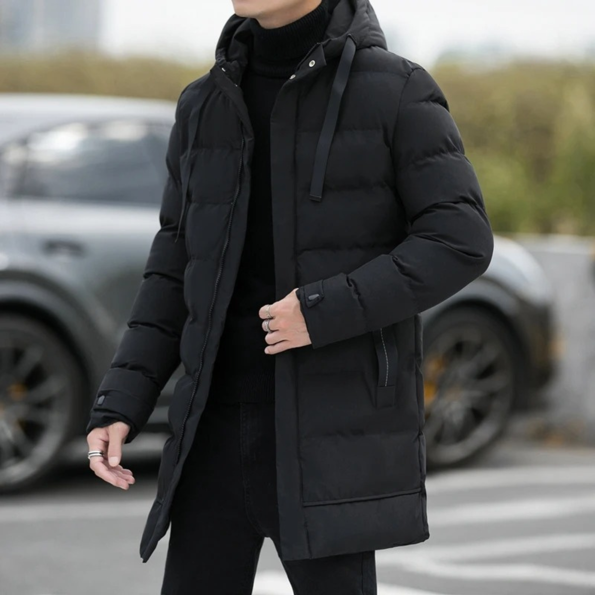 Zeke | Men's Puffer Coat Black Longline Hooded
