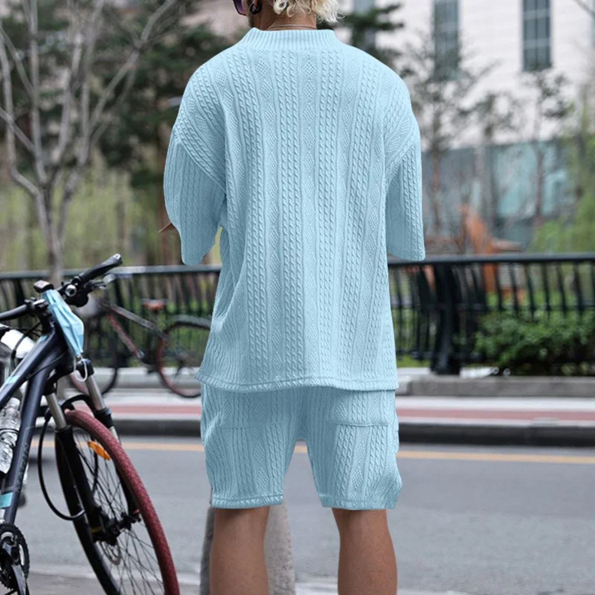 Bram | Men's Lounge Set Light Blue Cable Knit V Neck Shorts