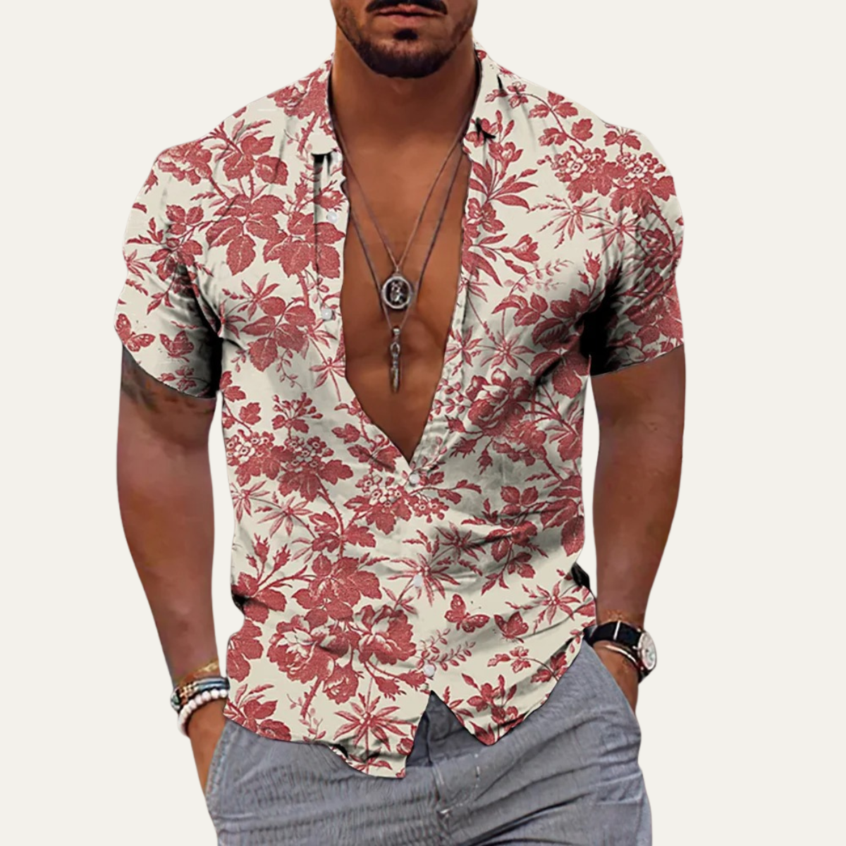 Flint | Men's Boho Floral Button Up Shirt Pink Cream