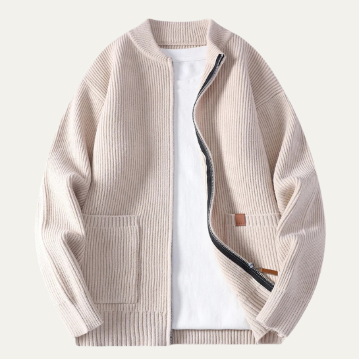 Beau | Men's Casual Ribbed Zip Cardigan Cream