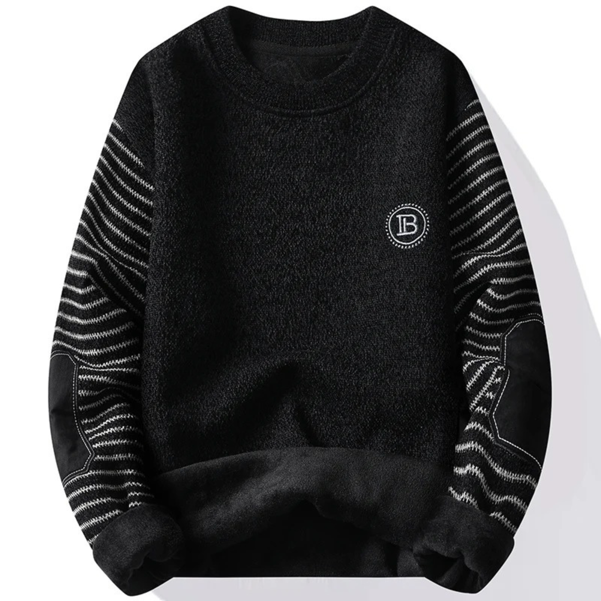 Bram | Men's Crew Neck Sweater Gray Striped Elbow Patch