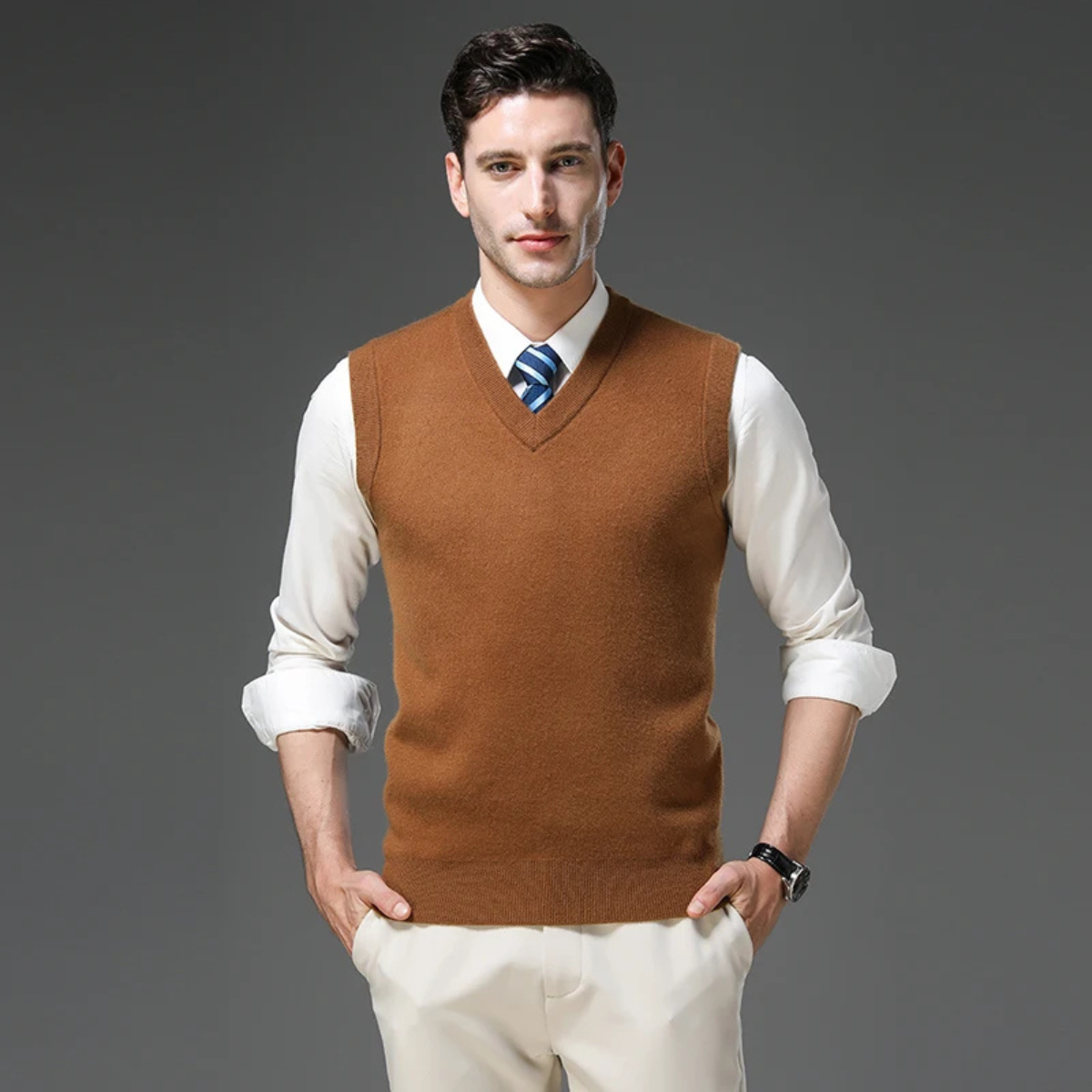 Orson | Men's V Neck Sweater Vest Brown Knit