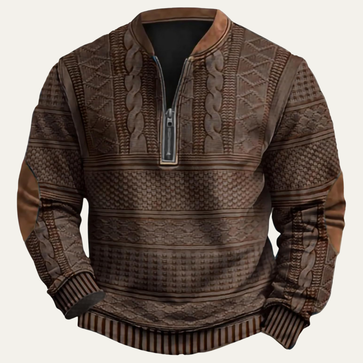 Beau | Men's Cable Knit Sweater Black Brown Elbow Patches Quarter Zip