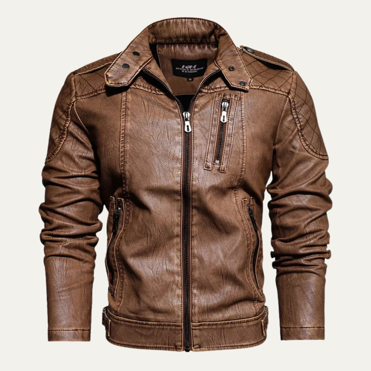 Kobe | Men's Leather Jacket Brown Moto Quilted Shoulders