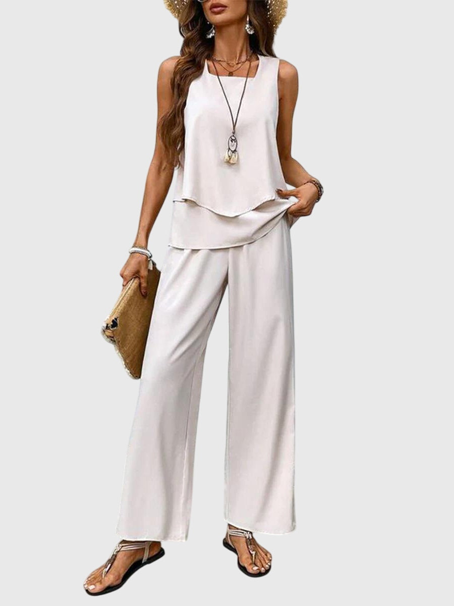 Mia | Women's Two Piece Set Light Blue Floral Palazzo Pants Tank Top