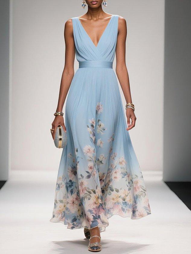 Thea | Women's Floral Chiffon Maxi Dress Light Blue V Neck