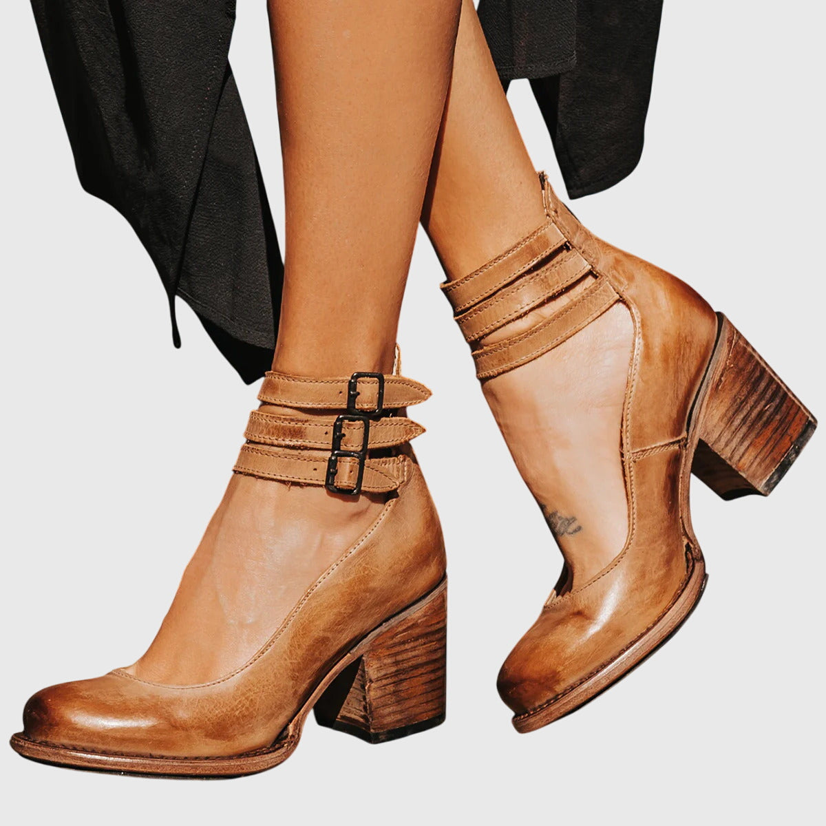 Rue | Women's Leather Block Heel Bootie Brown Buckle Strap