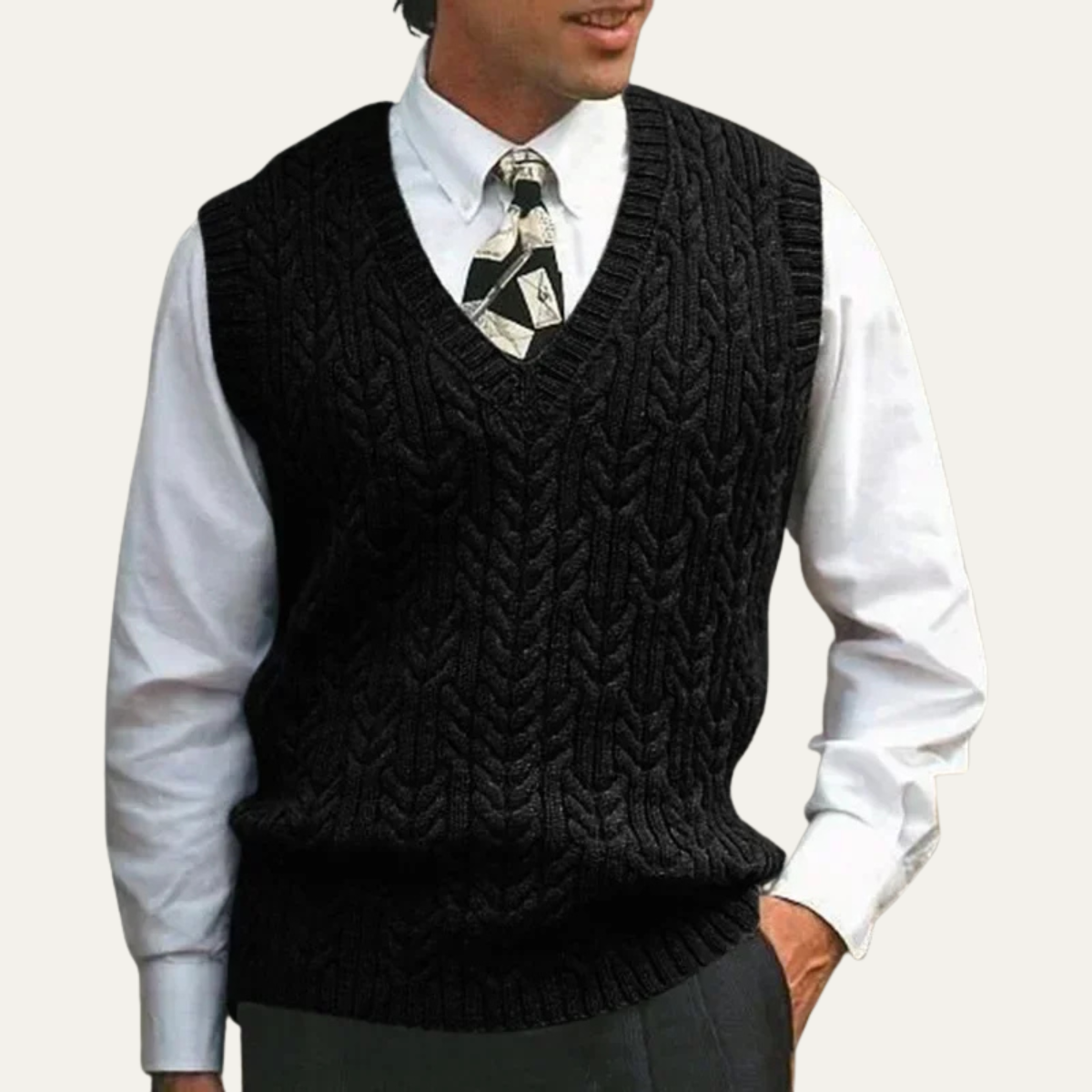 Axel | Men's Cable Knit Sweater Vest Charcoal V Neck