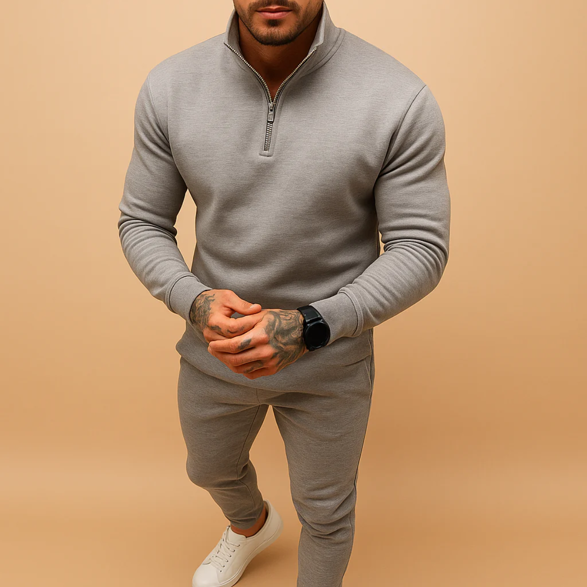 Lars | Men's Sweatsuit Beige Quarter Zip Hoodie Joggers Set