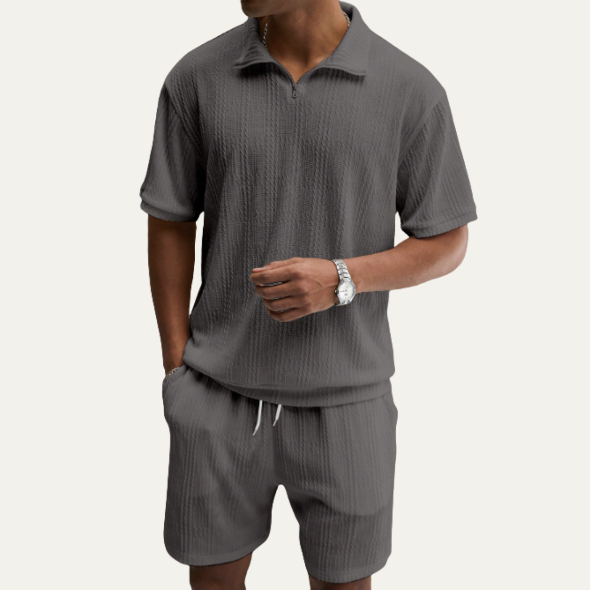 Beau | Men's Sweatsuit Cream Ribbed Knit Polo Shorts Set