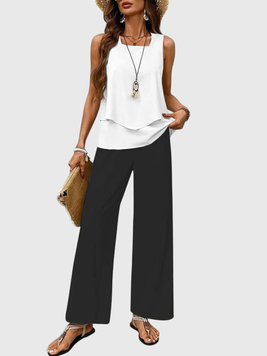 Mia | Women's Two Piece Set Light Blue Floral Palazzo Pants Tank Top