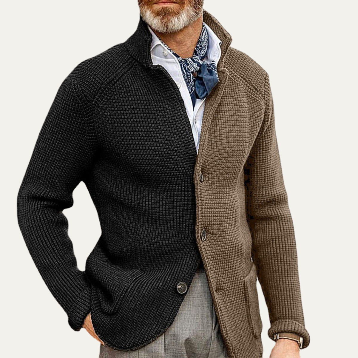 Beau | Men's Cardigan Beige And Black Waffle Knit Button Up