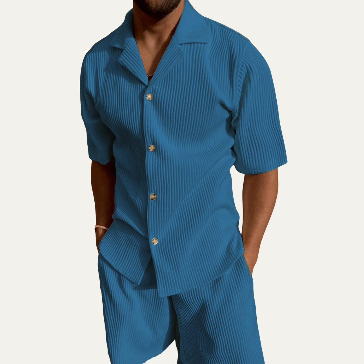 Callum | Men's Sweatsuit Cream Ribbed Short Sleeve
