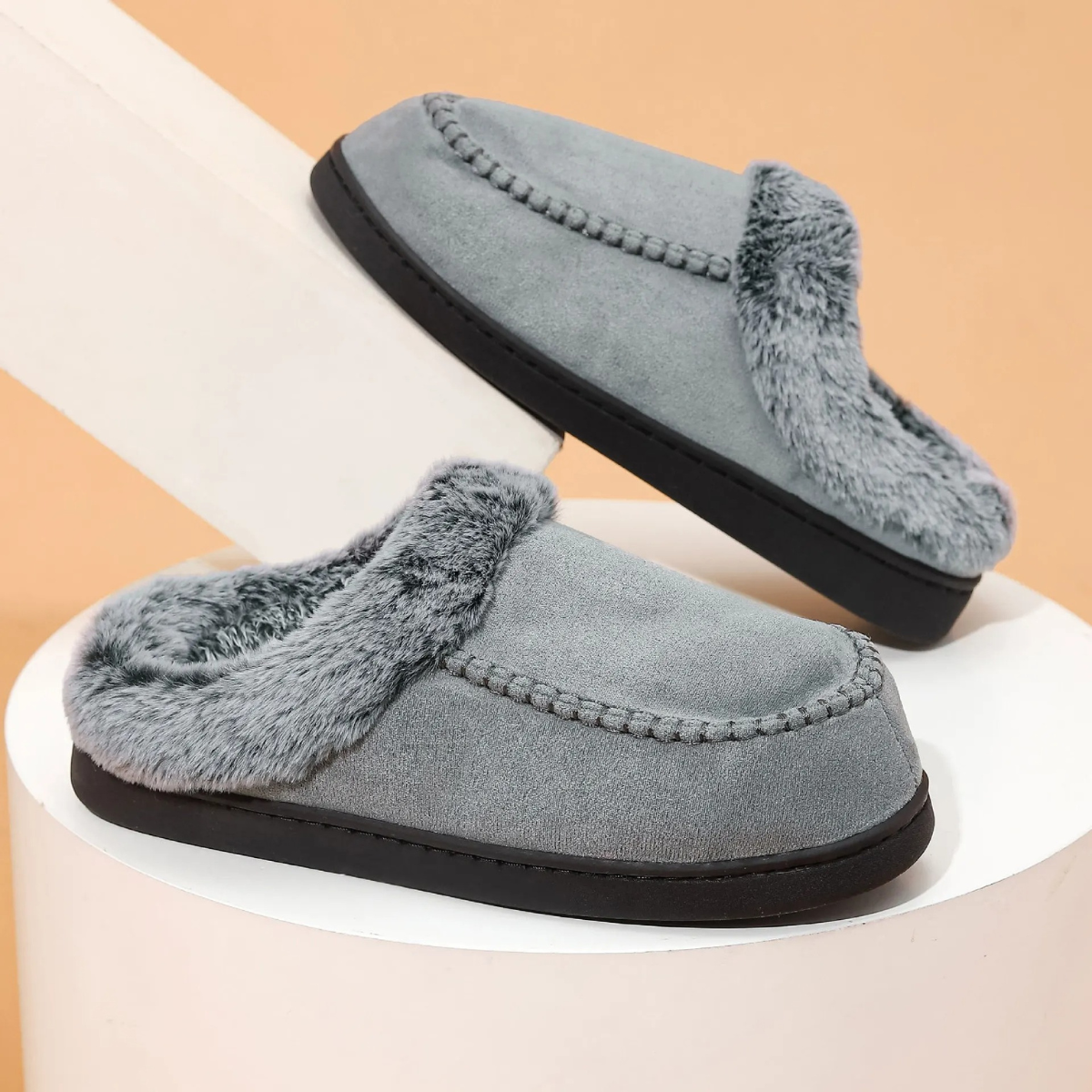 Bram | Men's Faux Fur Lined Slippers Gray Black Sole