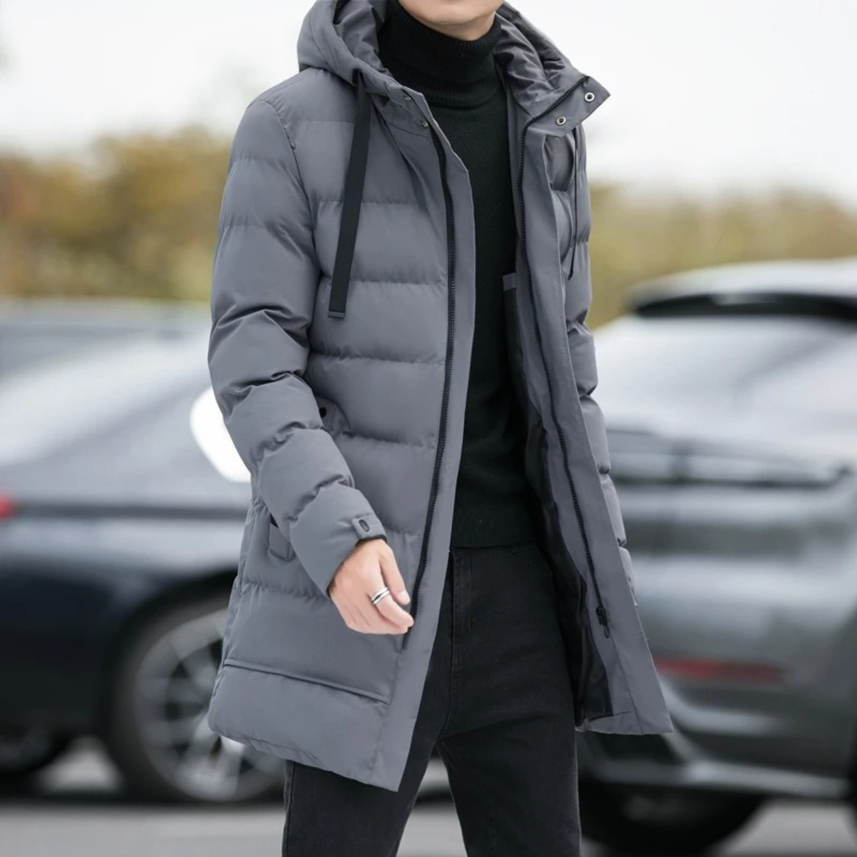 Zeke | Men's Puffer Coat Black Longline Hooded
