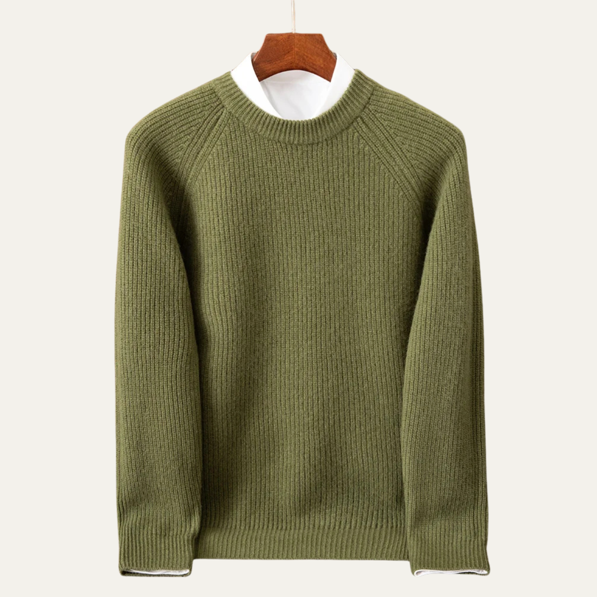 Sage | Men's Crew Neck Sweater Cream Ribbed Knit