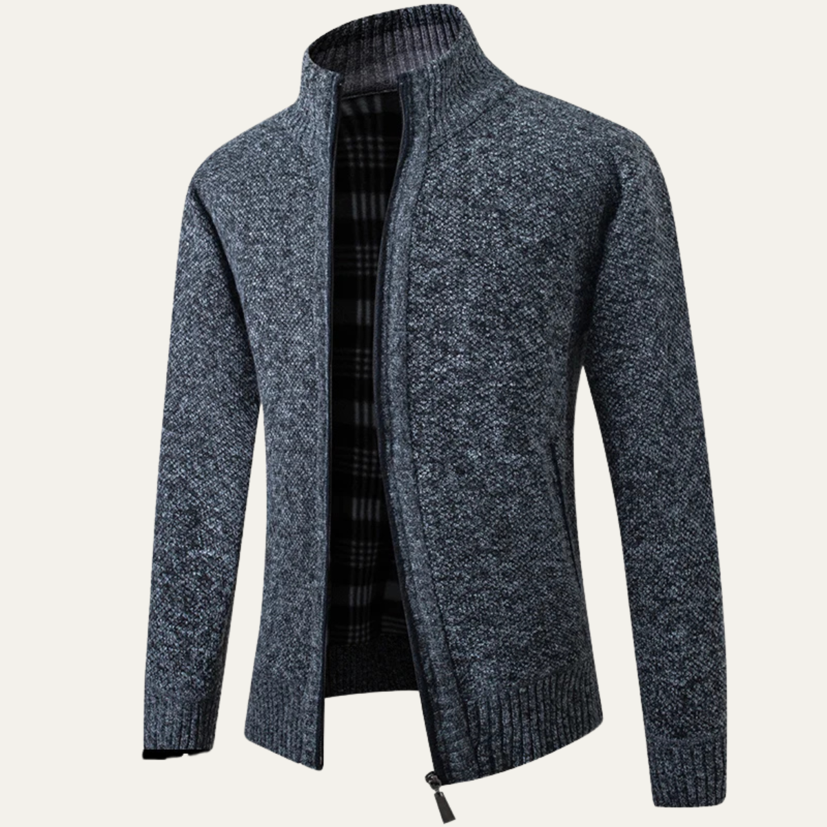 Beau | Men's Zip Up Cardigan Cream Knit Stand Collar