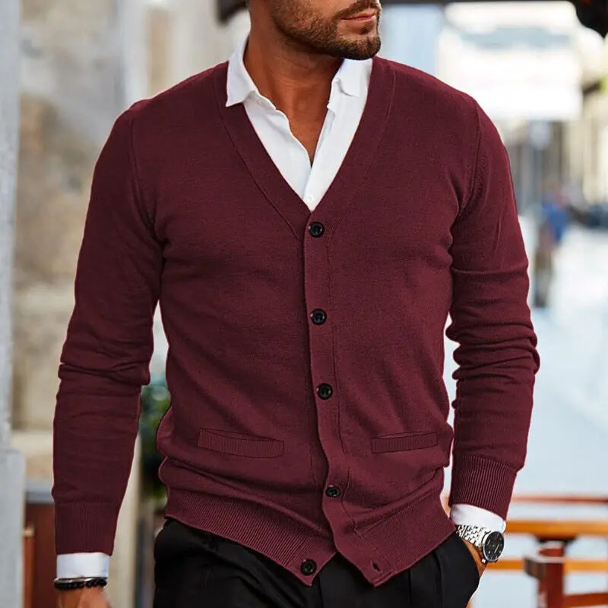 Axel | Men's V Neck Cardigan Gray Button Up Long Sleeve