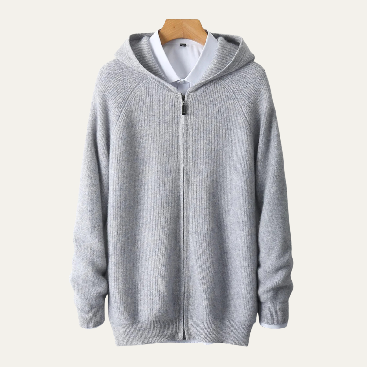 Sage | Men's Zip Up Hoodie Cream Ribbed Knit
