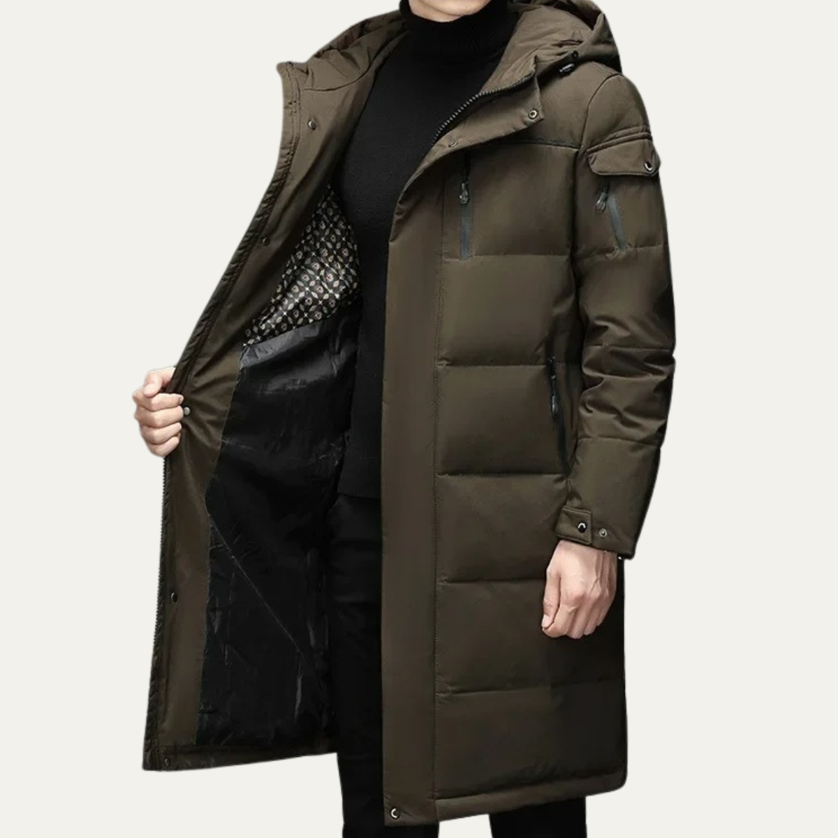 Knox | Men's Longline Puffer Coat Black Hood