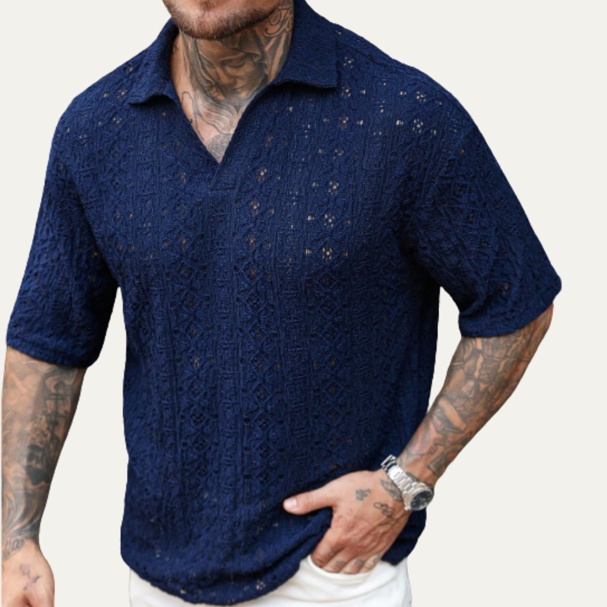 Jasper | Men's Boho Crochet Mesh Linen Shirt Navy Blue